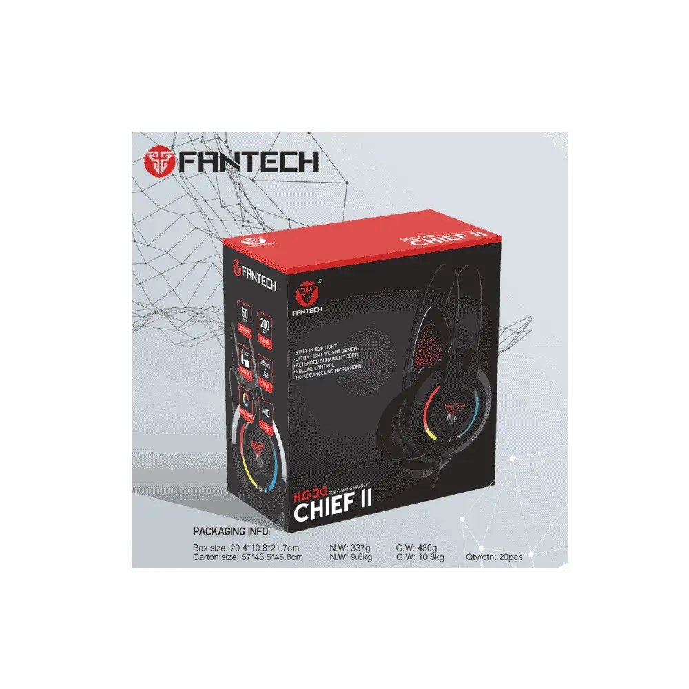 هيدفون جيمينج FANTECH HG20 Chief II، سلكي، إضاءة RGB، لون أسود.webp