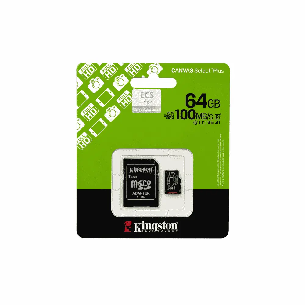 كارت ميموري كينجستون Canvas Select Plus سعة 64 جيجابايت MicroSD بسرعة قراءة 100 ميجابايت/ثانية مع محول SD – SDCS3/64GB