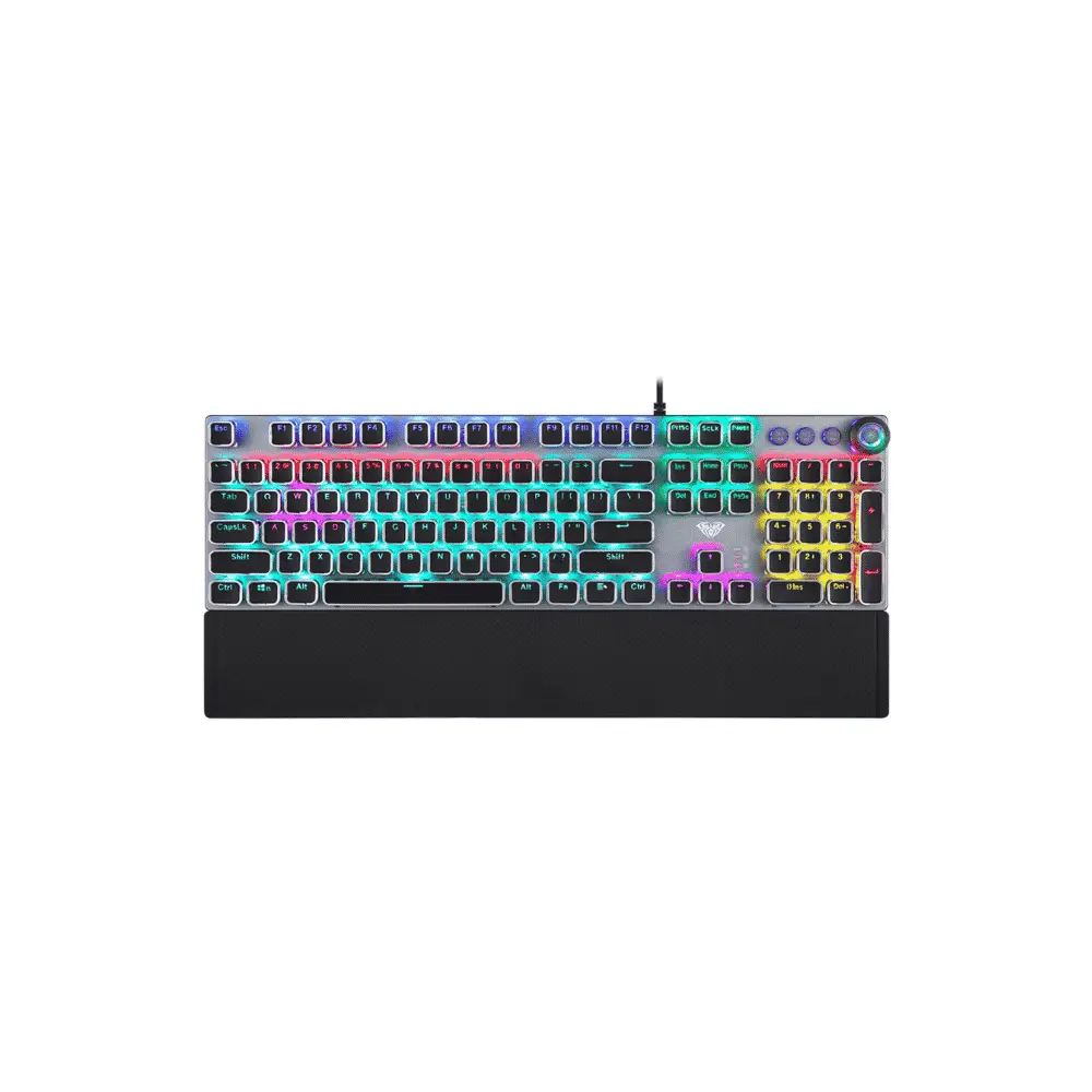 AULA F2088 Mechanical Gaming Keyboard – Blue Switch, Rainbow LED, Magnetic Hand Rest, Silver